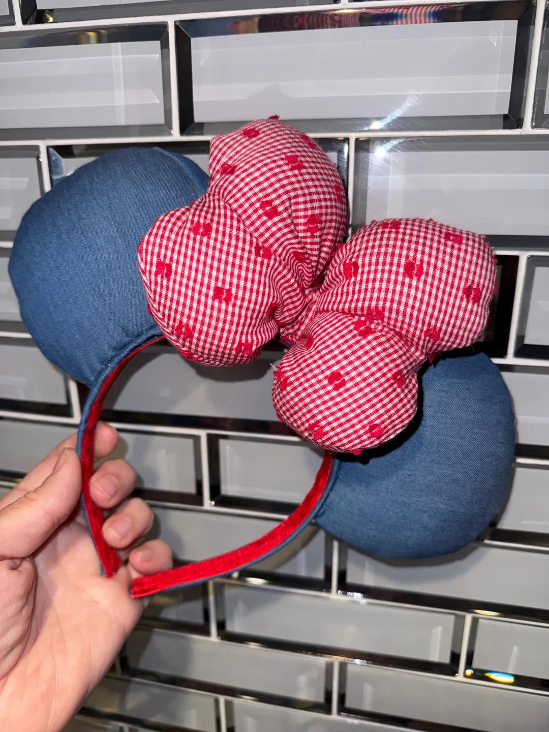 Cotton Denim Mickey Ears with Red White Gingham Big Minnie Bow, Runaway Railway, Cowgirl | Etsy (Global)