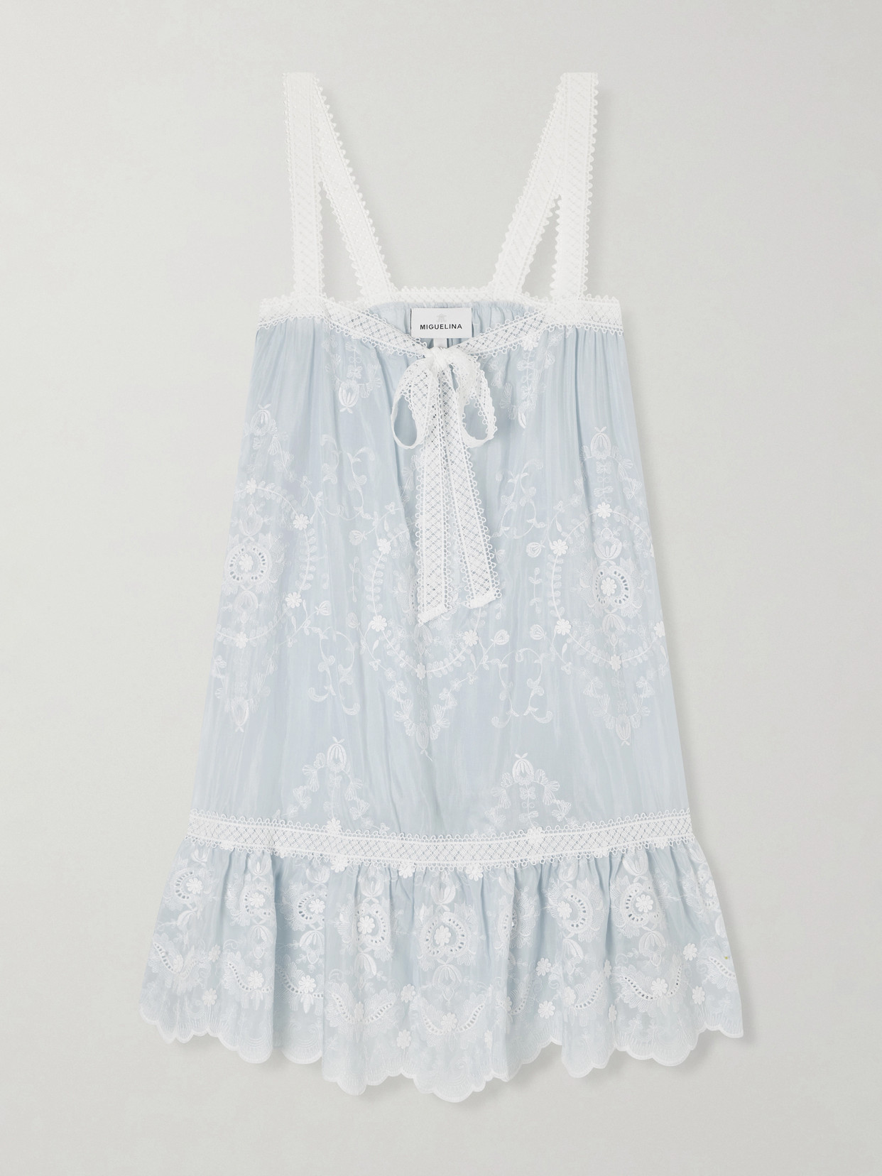 Miguelina - Havana Bow-detailed Embroidered Silk-blend Voile Mini Dress - Blue | NET-A-PORTER (US)