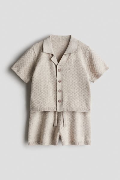 2-piece Cotton-knit Set - Regular waist - Short sleeve - Light beige - Kids | H&M US | H&M (US + CA)