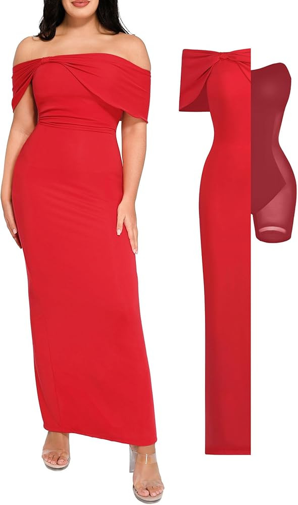 Popilush Off The Shoulder Maxi Dress Wedding Guest Formal Dresses for Women Sleeveless Bodycon Long Shapewear Prom Dress | Amazon (US)