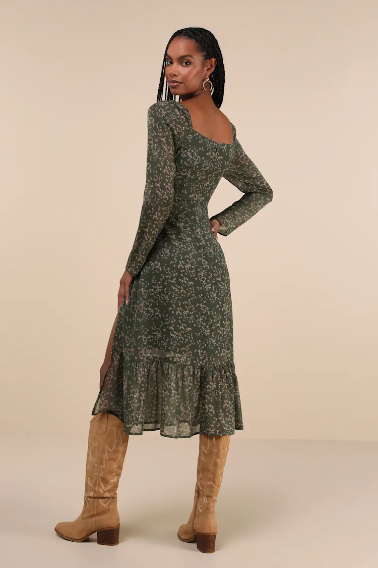 Perfectly Elevated Olive Green Floral Long Sleeve Midi Dress | Lulus