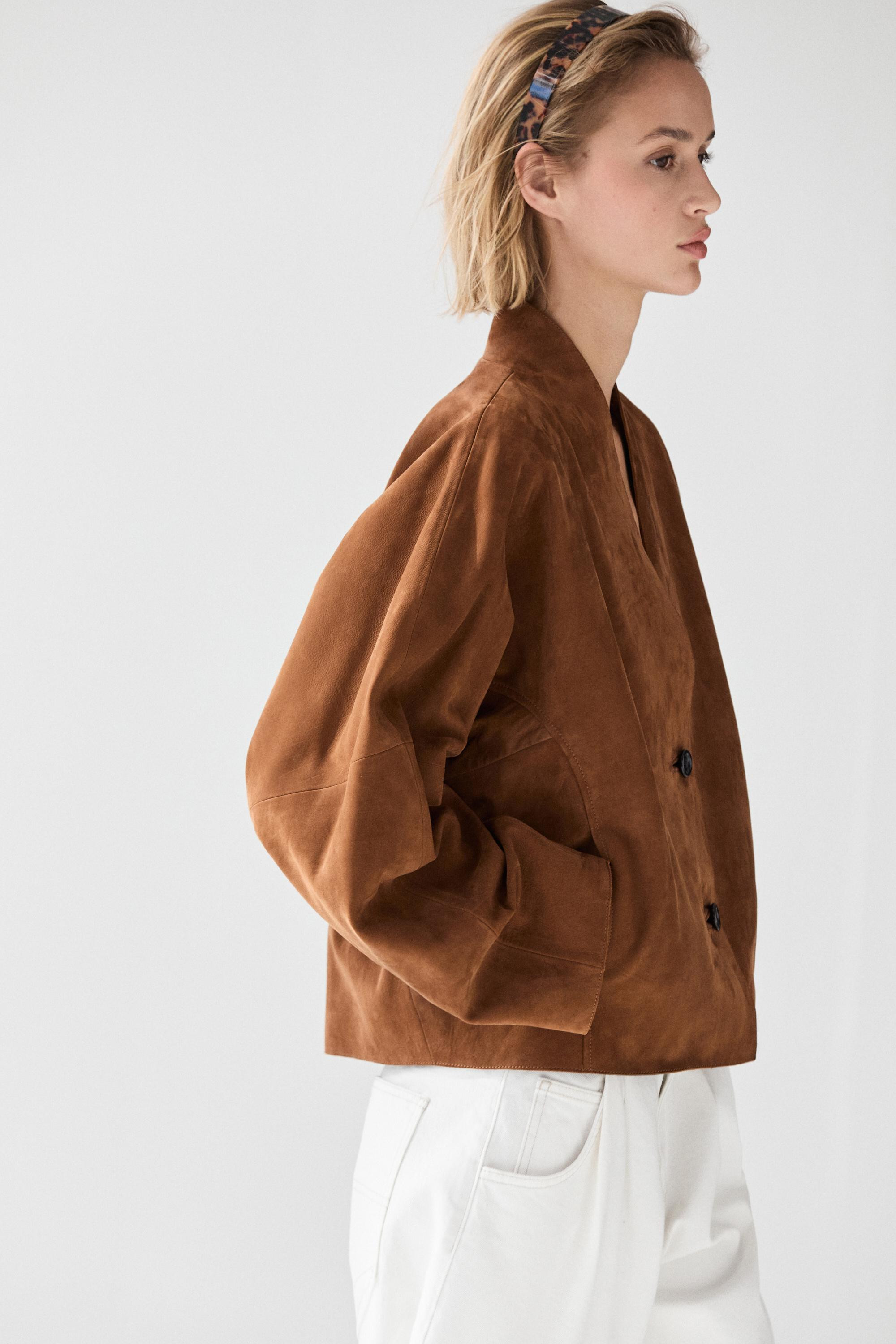 Suede V-neck balloon jacket | Massimo Dutti UK