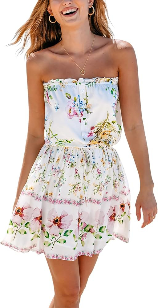 CUPSHE Women's Mini Dress Strapless Ruffled Sleeveless Floral Belted A Line Short Beach Summer Dr... | Amazon (US)