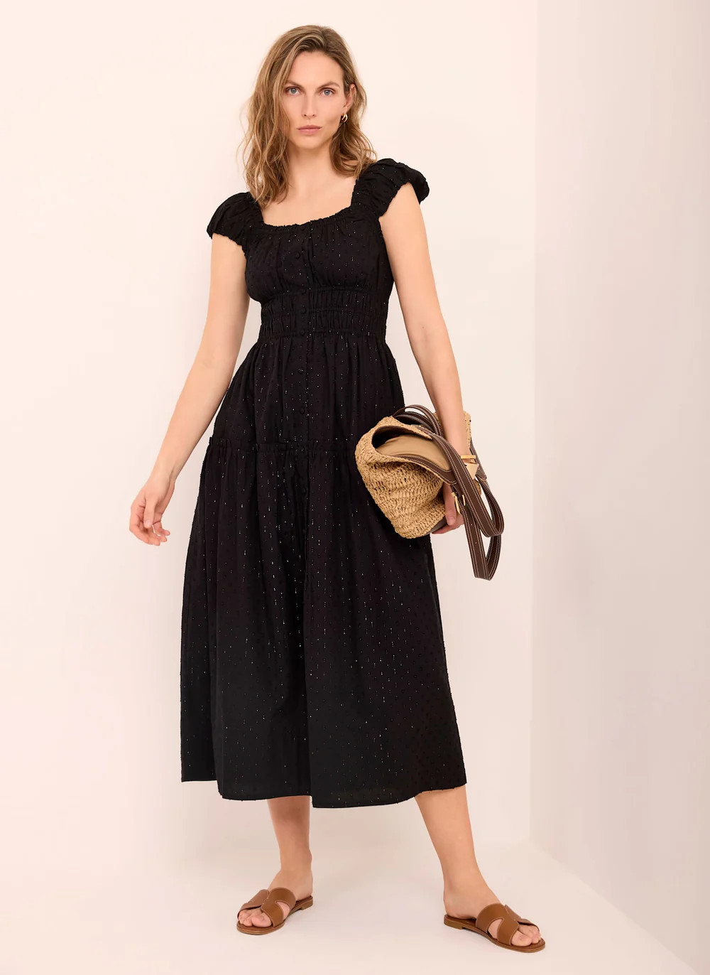 Black Cotton Blend Textured Midi Dress | Mint Velvet