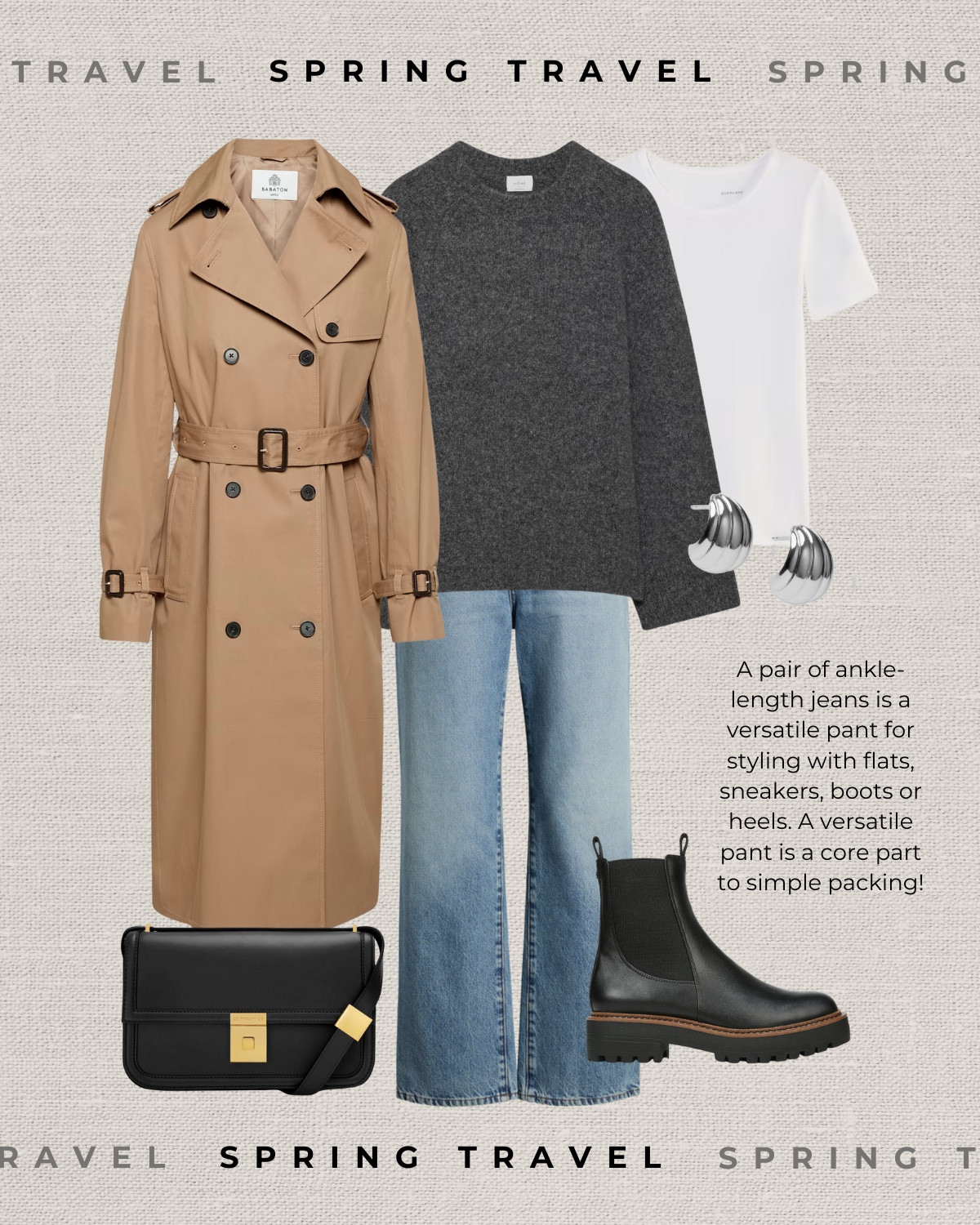Spring travel outfit 

trenchcoat  /oversized gray sweater / white tee / light blue wash ankle jeans / silver earrings / Demellier purse / waterproof Chelsea boots / spring style / Japan outfit 

#LTKStyleTip #LTKSeasonal #LTKTravel