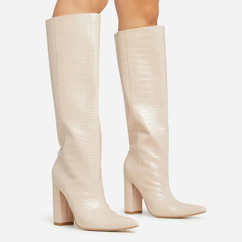 Louise Pointed Toe Block Heel Knee High Long Boot In Nude Croc Print Faux Leather | EGO Shoes (US & Canada)