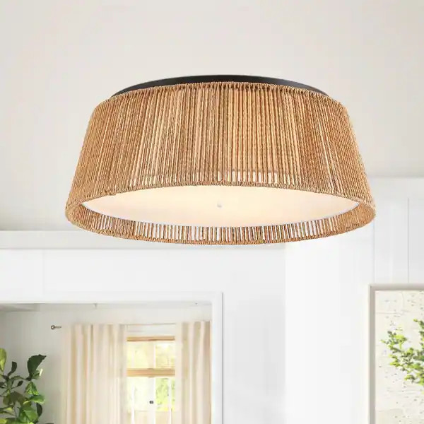 20" 3-Light Handcrafted Natural Rope Flush Mount Bohemian Ceiling Light - Tan | Bed Bath & Beyond
