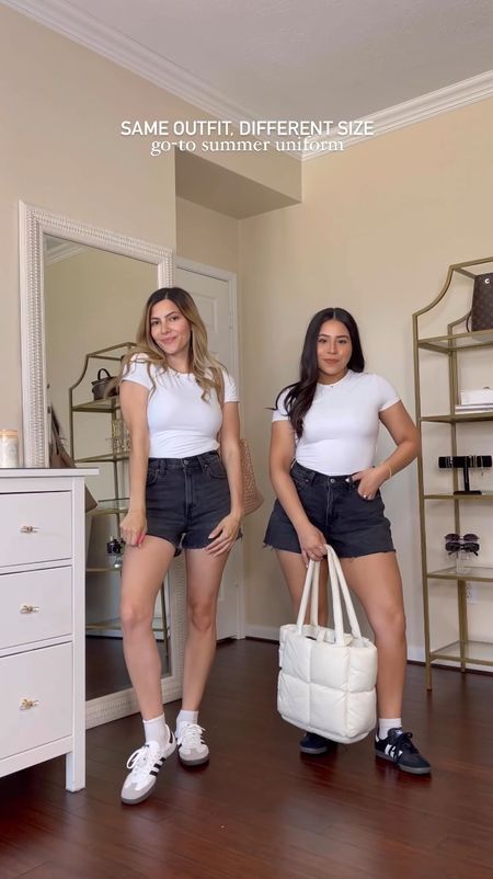 One outfit, two bodies 
Left is wearing a size small top, 2 regular shorts 
Right is wearing a size small top, 6 curve love shorts 
Adidas sambas sneakers 
White ankle socks 
Puffer tote bag 
Bottega inspired tote bag 

#LTKStyleTip #LTKSeasonal #LTKFindsUnder100