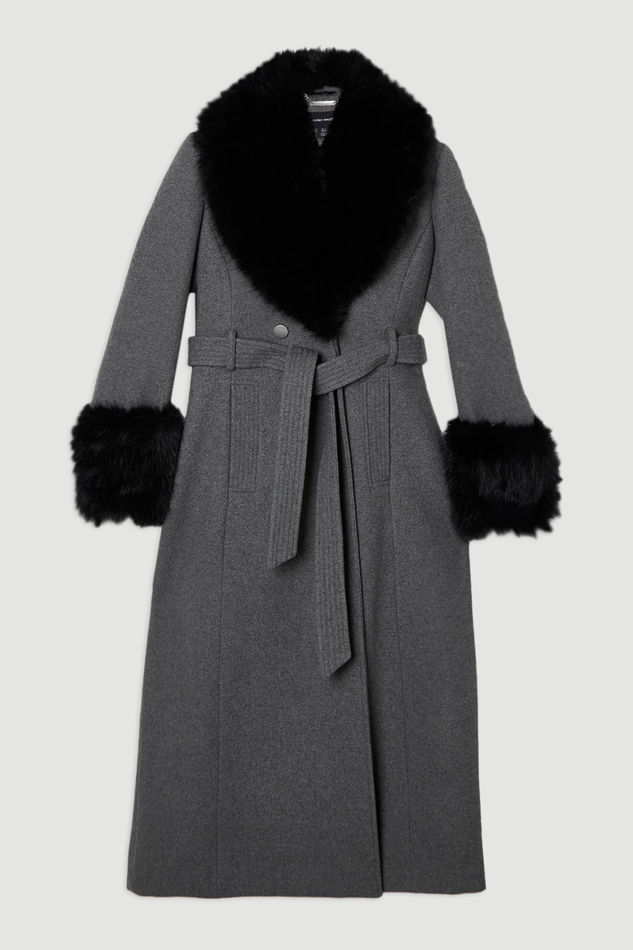 Wool Blend Detachable Faux Fur Belted Midi Coat | Karen Millen UK + IE + DE + NL