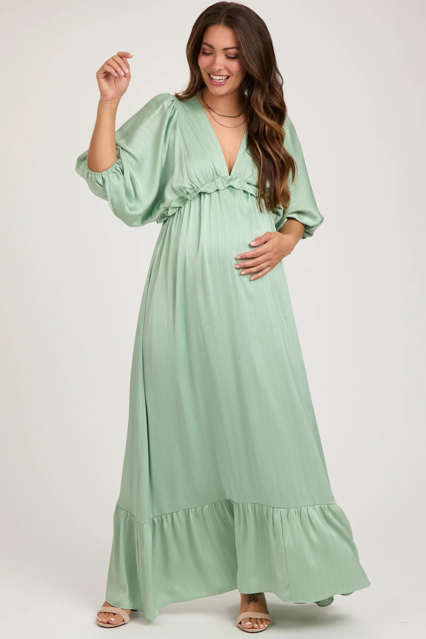 Beige Striped Ruffle Accent Maternity Maxi Dress | PinkBlush Maternity