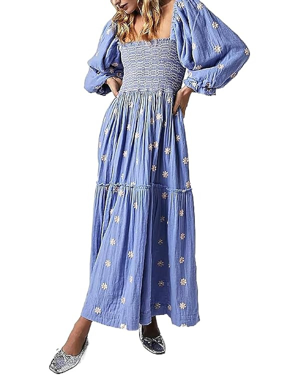 ABYOVRT Women Floral Embroidered Maxi Dress Long Puff Sleeve Square Neck Bohemian Flowy Dress wit... | Amazon (US)