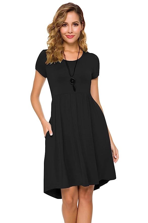 Women's Short Sleeve Flare Midi Dress Summer Loose Casual Swing Dress with Pockets in Dot and Floral | Amazon (US)