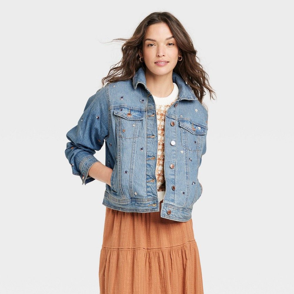 Women's Denim Jacket - Universal Thread Medium Wash Floral L, Blue | Target