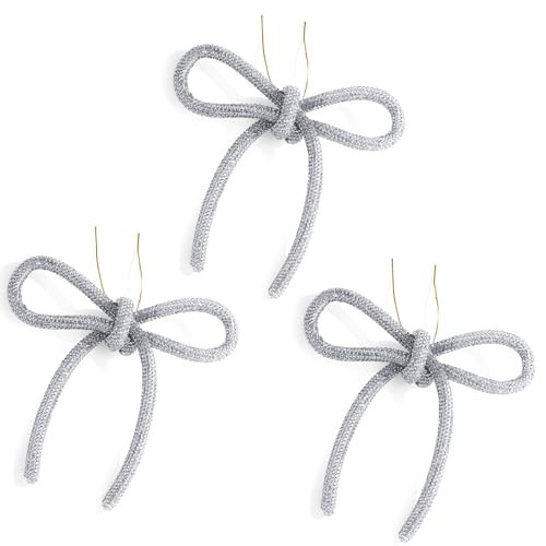 Mrchtmas Christmas Bow Ornaments 2025, 3Pcs Silver Bow Christmas Tree Ornament, Xmas Hanging Ornaments Decoration Gift for Women Family Made with Rhinestones | Amazon (US)