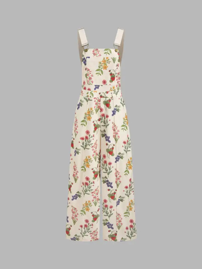 100% Cotton Square Neck Floral Buckle Up Pocket Jumpsuit | Cider