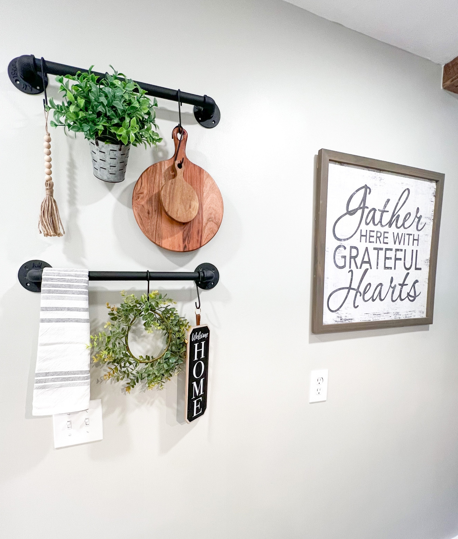 Kitchen wall decor, my exact gather here sign is from the at home store several years ago. 
The long skinny welcome home sign is from the dollar general!

#LTKhome #LTKfamily