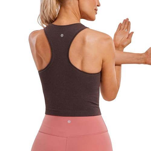 CRZ YOGA Seamless Ribbed High Neck Crop Tank Tops for Women - Longline Racerback Padded Sports Bras Taupe XX-Small | Amazon (US)