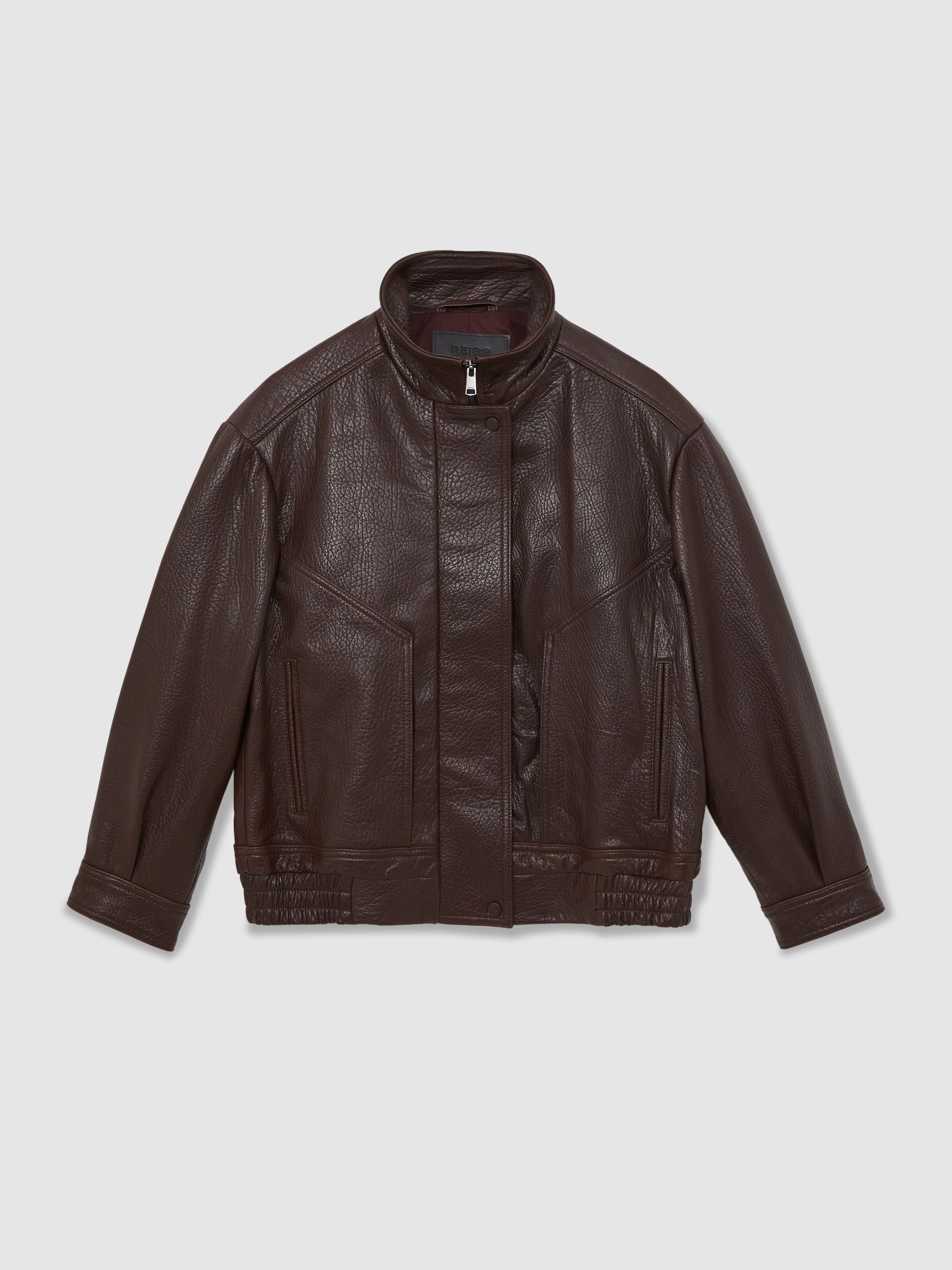 Reiss Oversize Grained-Leather Bomber Jacket in Burgundy - REISS | Reiss UK