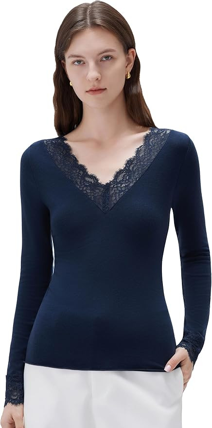 SUUKSESS Cloud Cashmere Women Basic Tops V Neck Boat Neck Lace Long Sleeve Shirt | Amazon (US)