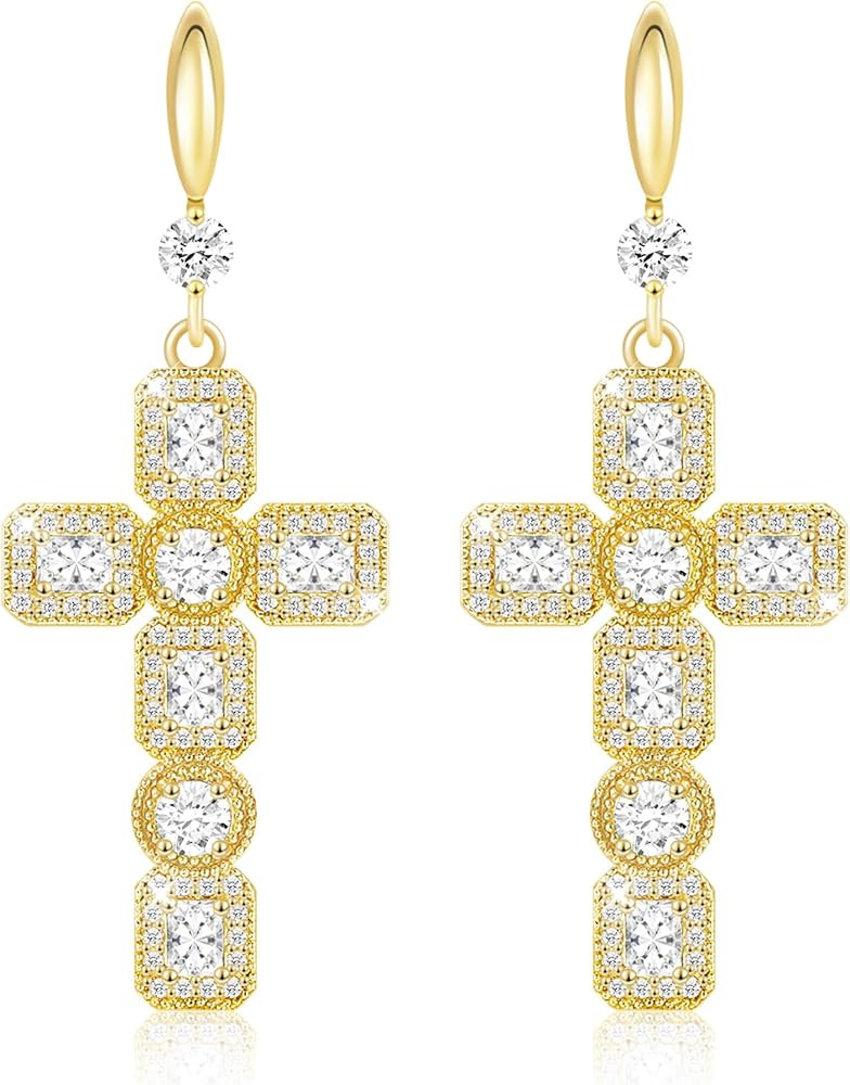 Linawe Cross Dangle Earrings for Women, Hypoallergenic Imitation Diamond Rhinestone Earrings, 14K... | Amazon (US)