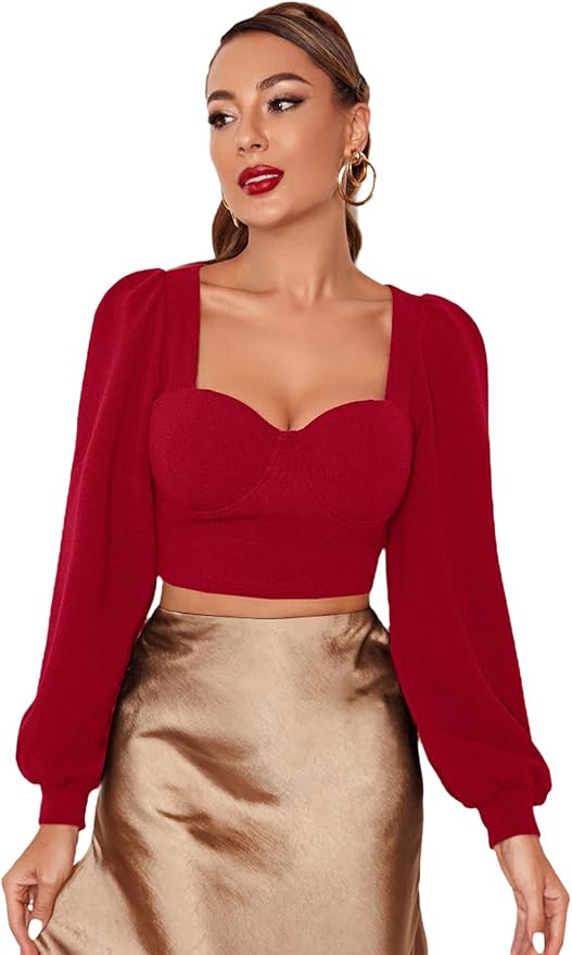 SheIn Women's Elegant Lantern Long Sleeve Sweetheart Neck Solid Crop Blouse Top | Amazon (US)