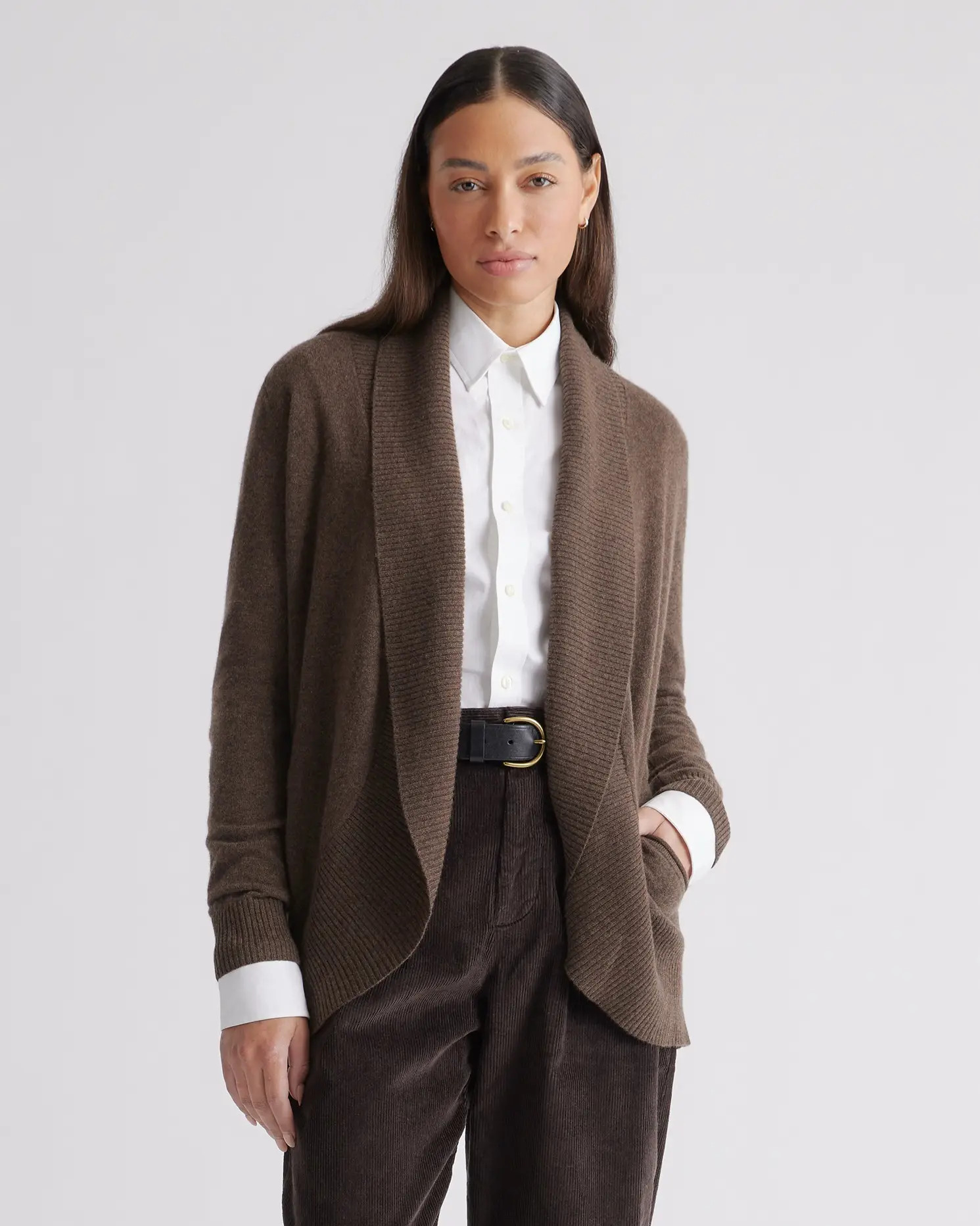 Lightweight Mongolian Cashmere Open Cardigan Sweater in Brown | Quince