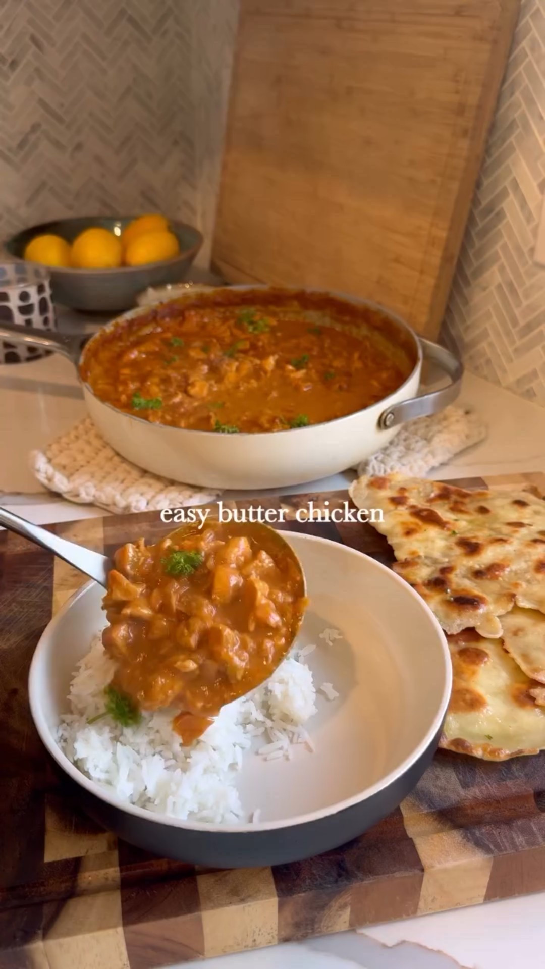 Easy butter chicken 🥘 

This is a simple homemade version of this comfort dish!

A perfect blend of spices, tender chicken, and a delicious tomato and coconut milk based sauce thats served perfectly with naan 🫓 and or rice! 🍚 Let me know if you try this 💛

Serves 6-8
2 tbsp olive oil
2 tbsp butter
2 yellow onions, diced
1 tbsp ginger, minced
1 tbsp garlic, minced
3 lbs boneless chicken thighs, diced into 1 inch pieces. Or chicken breast if you prefer 
8 tbsp tomato paste
8 oz tomato sauce
2 tbsp garam masala - I love @justspices 
2 tsp paprika
15 oz coconut milk
1/2 cup heavy cream 
Toppings: sour cream, parsley, naan 🫓 🌿 

1. In a large pan over medium heat, add oil, butter, and onions and cook for a few minutes until softened. Add ginger and garlic and let cook for another minute before adding chicken. Stir well to combine, add spices, and cook for 5 minutes. Stir often.

2. Add tomato paste, tomato sauce and coconut milk. Stir well, cover, and cook for another 10 minutes or until chicken is fully cooked.

3. Uncover, and add heavy cream. Simmer for another 5 minutes, stirring occasionally. 

4. Serve over rice with naan bread, and top with parsley and sour cream!