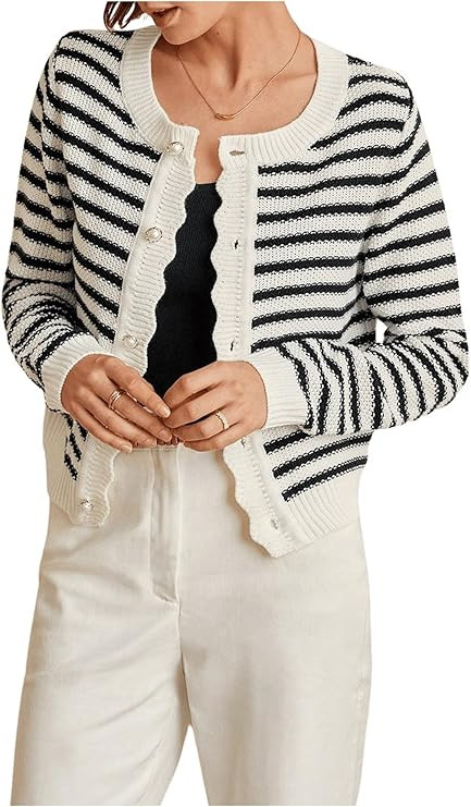 GORGLITTER Women's Striped Button Down Cardigan Sweater Long Sleeve Color Block Scallop Crew Neck... | Amazon (US)