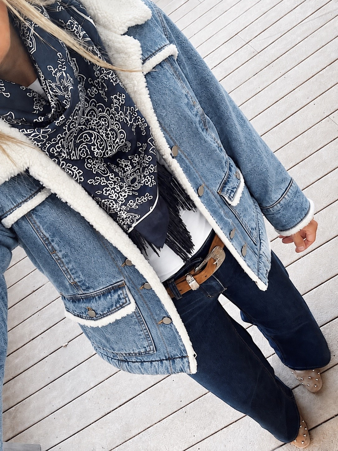 Denim jacket with Sherpa trim and target viral jeans