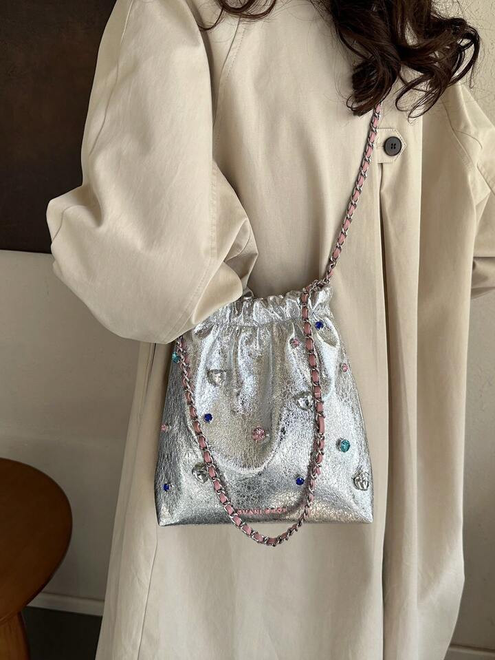 Fashion Silver Rhinestone Decor Drawstring Design Shoulder Bag | SHEIN