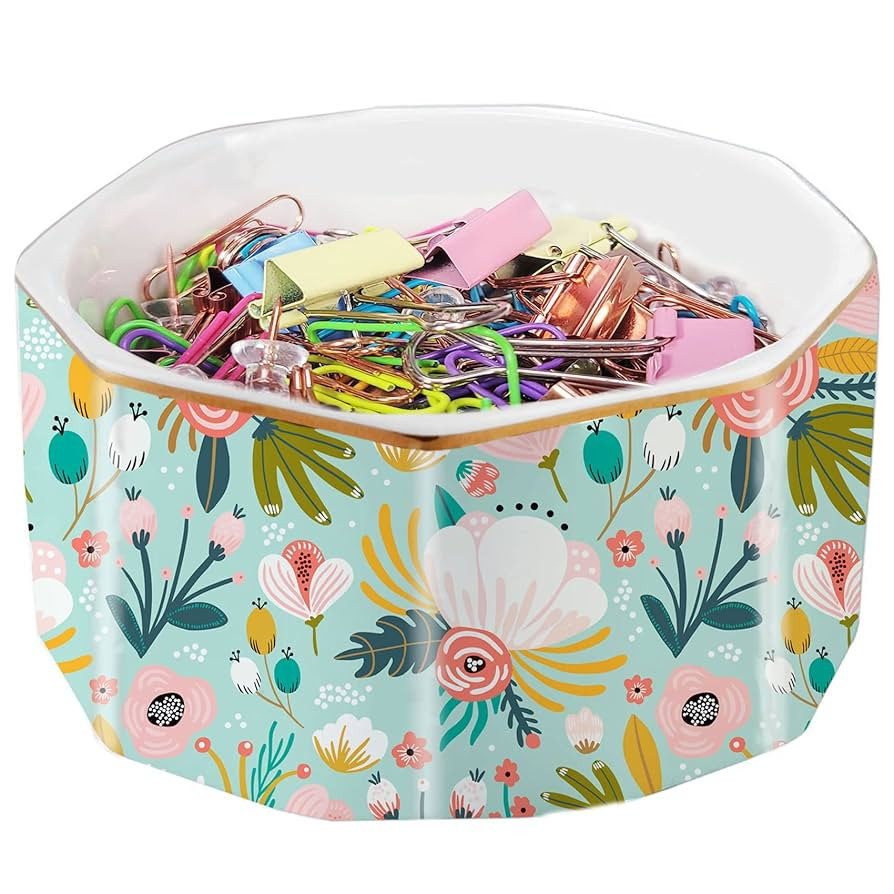 Ceramic Paper Clip Holder Gold Line Paper Clip Dispenser Organizer for Desk Cute Floral Pattern O... | Amazon (US)