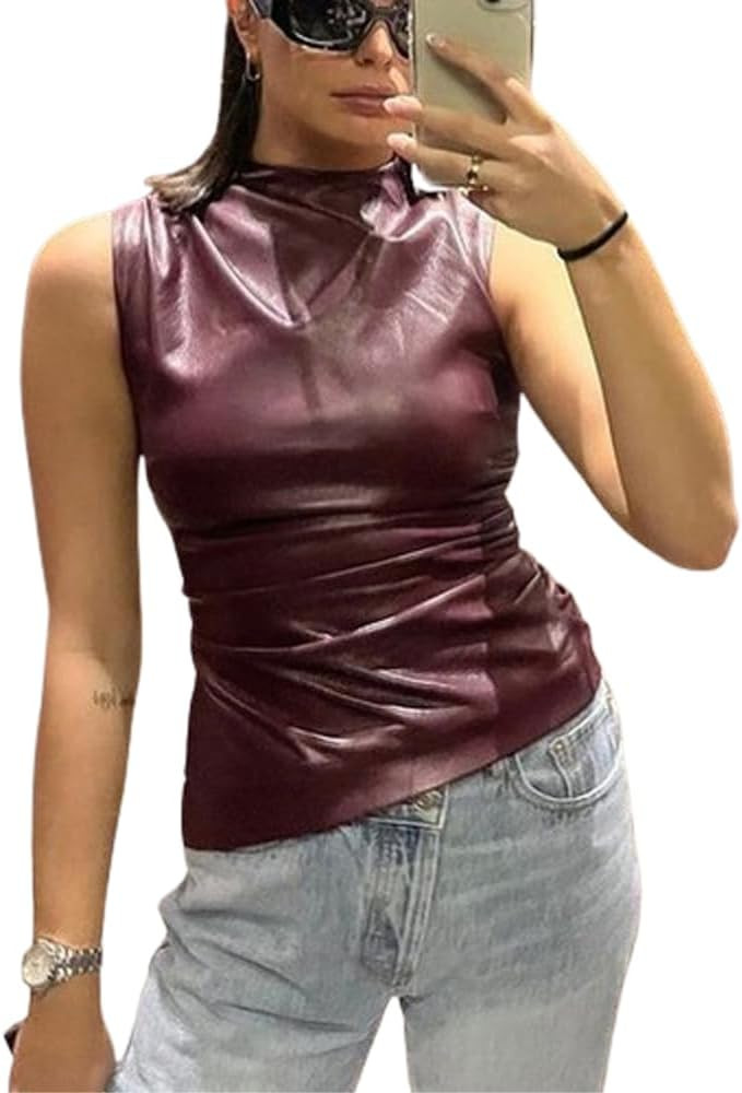 Women's FashionFaux Leather Pleated Sleeveless Asymmetrical Mock Neck Slim Tank Top | Amazon (US)