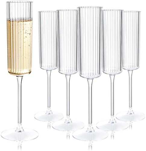 Ciaell 24 Pack Plastic Champagne Flutes - 6oz Ribbed Disposable Champagne Glasses - Clear Vintage... | Amazon (US)