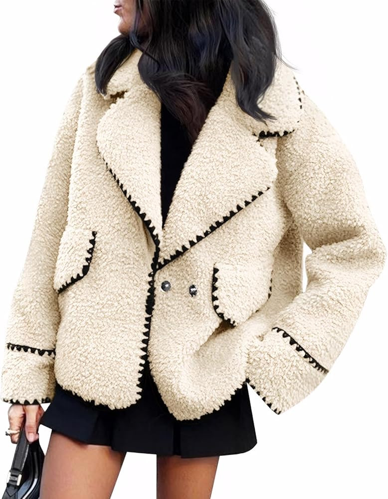 Cicy Bell Womens Sherpa Fleece Jacket Casual Collar V Neck Fuzzy Coats Contrast Trims Open Front ... | Amazon (US)