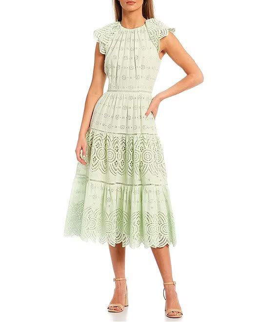 Fernanda Crew Neck Flutter Cap Sleeve Eyelet Dress | Dillard's