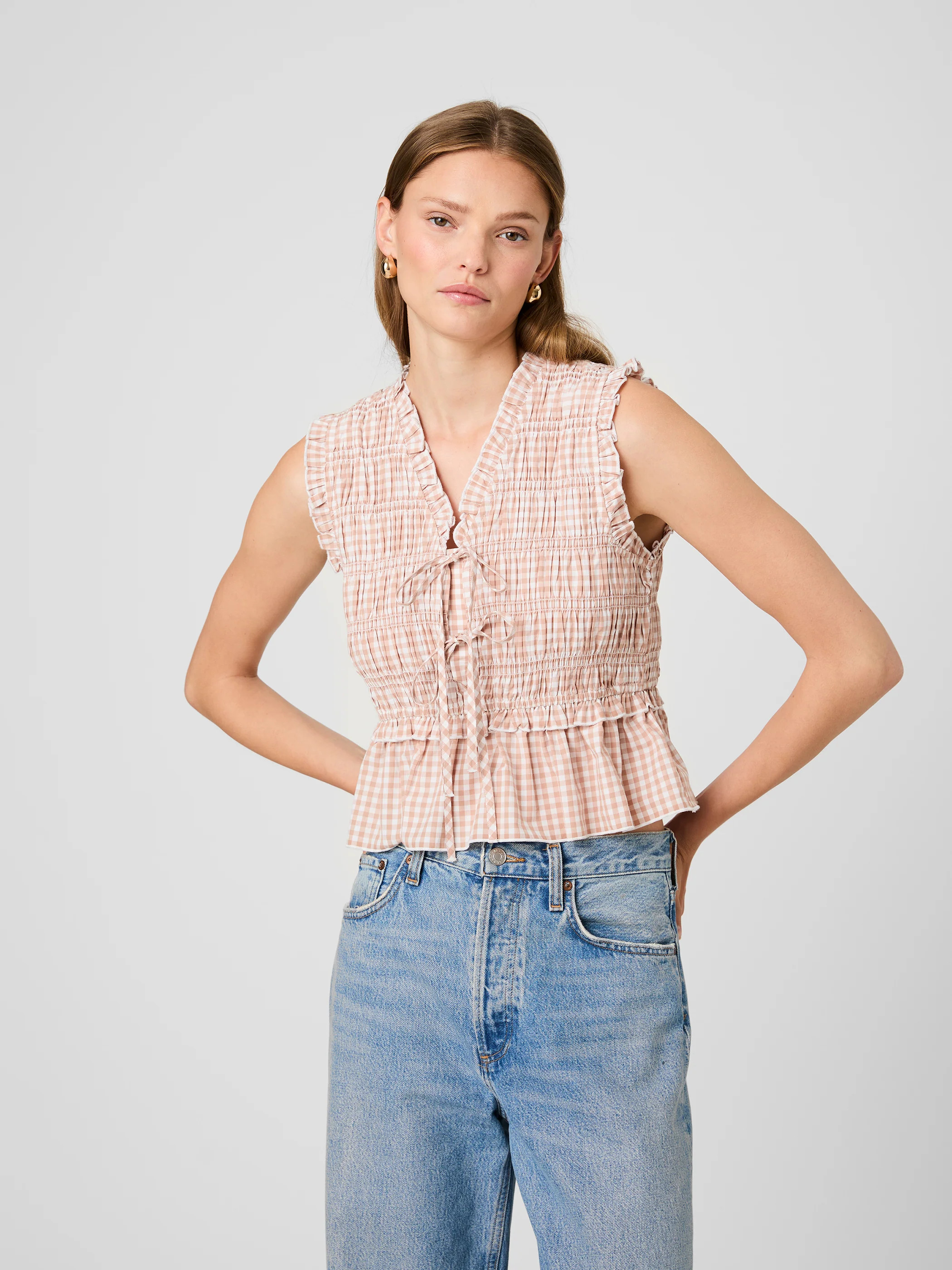 RHODES POPLIN GINGHAM FLUTTER SLEEVE TOP | French Connection (US)