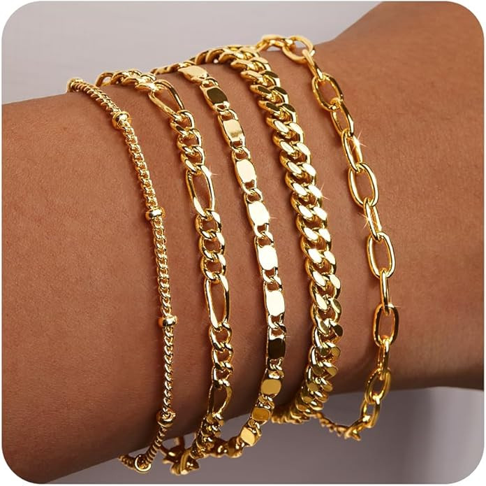 Gold Bracelets for Women Trendy,14K Real Gold Plated Dainty Stackable Paperclip Cuban Link Chain ... | Amazon (US)