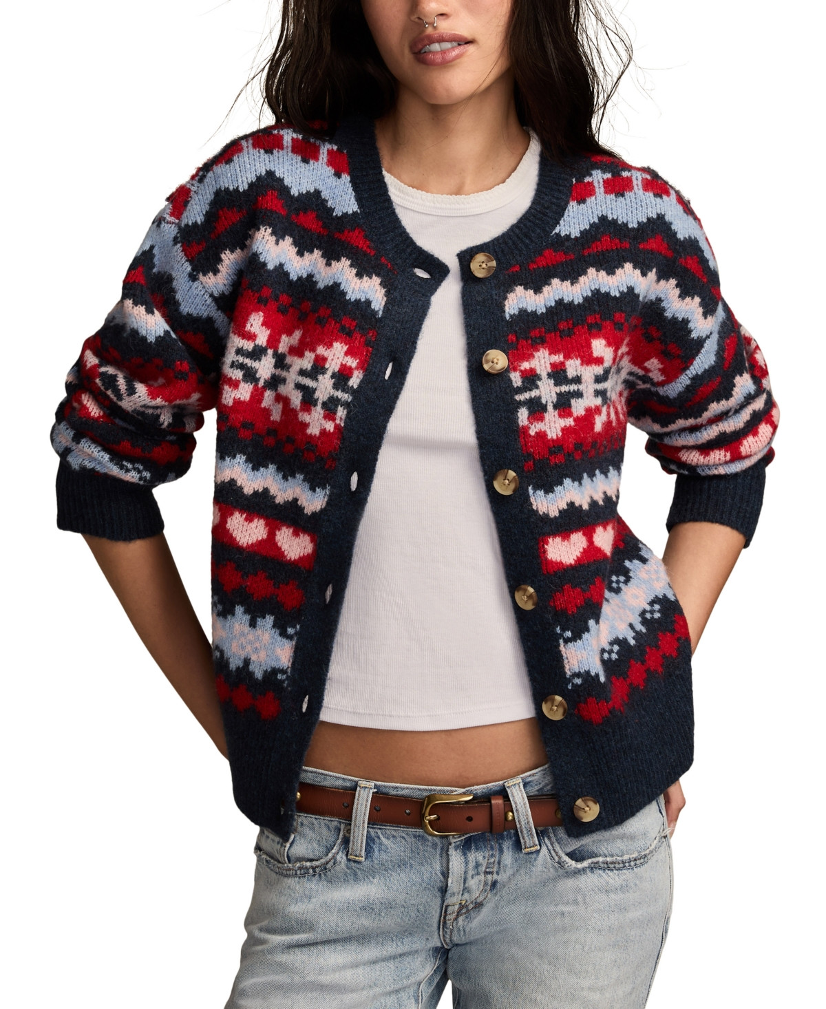 Lucky Brand Women's Fair Isle Crew Neck Cardigan Sweater - Black Iris | Macy's