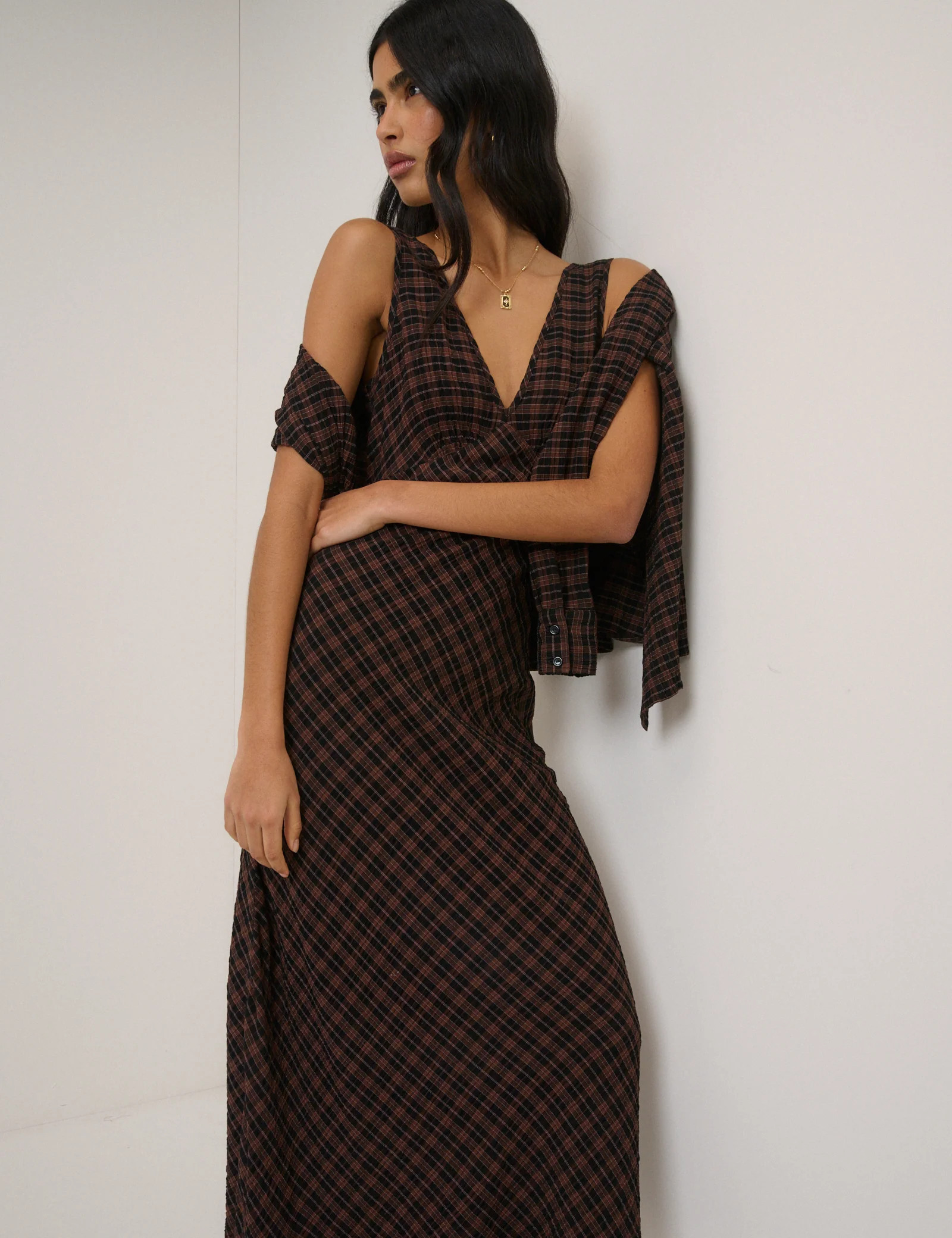 Brown Check Harmony Sleeveless Midi Dress | Nobody's Child