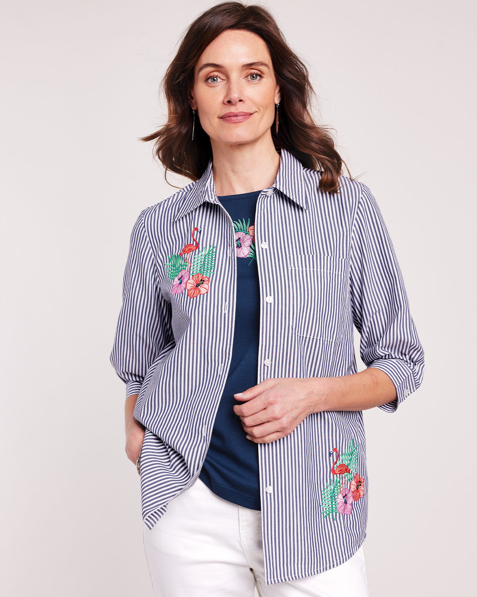 Blair Women's Three-Quarter Sleeve Embroidered Button-Front Twinset - Blue - 2XL - Womens | Blair