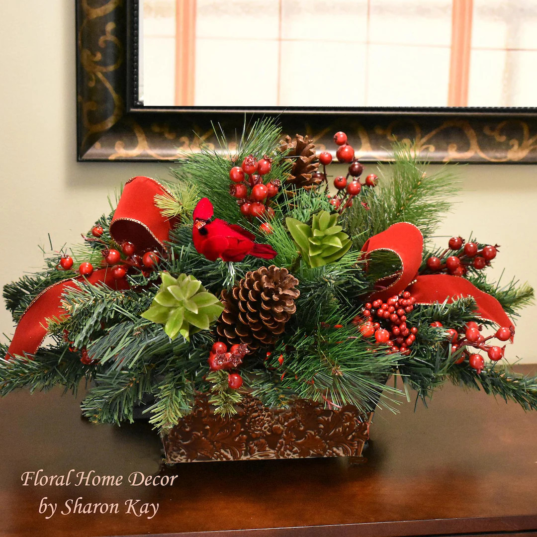 Berry and Pine Christmas Centerpiece With Cardinal: Faux Holiday Floral Design - Etsy | Etsy (US)
