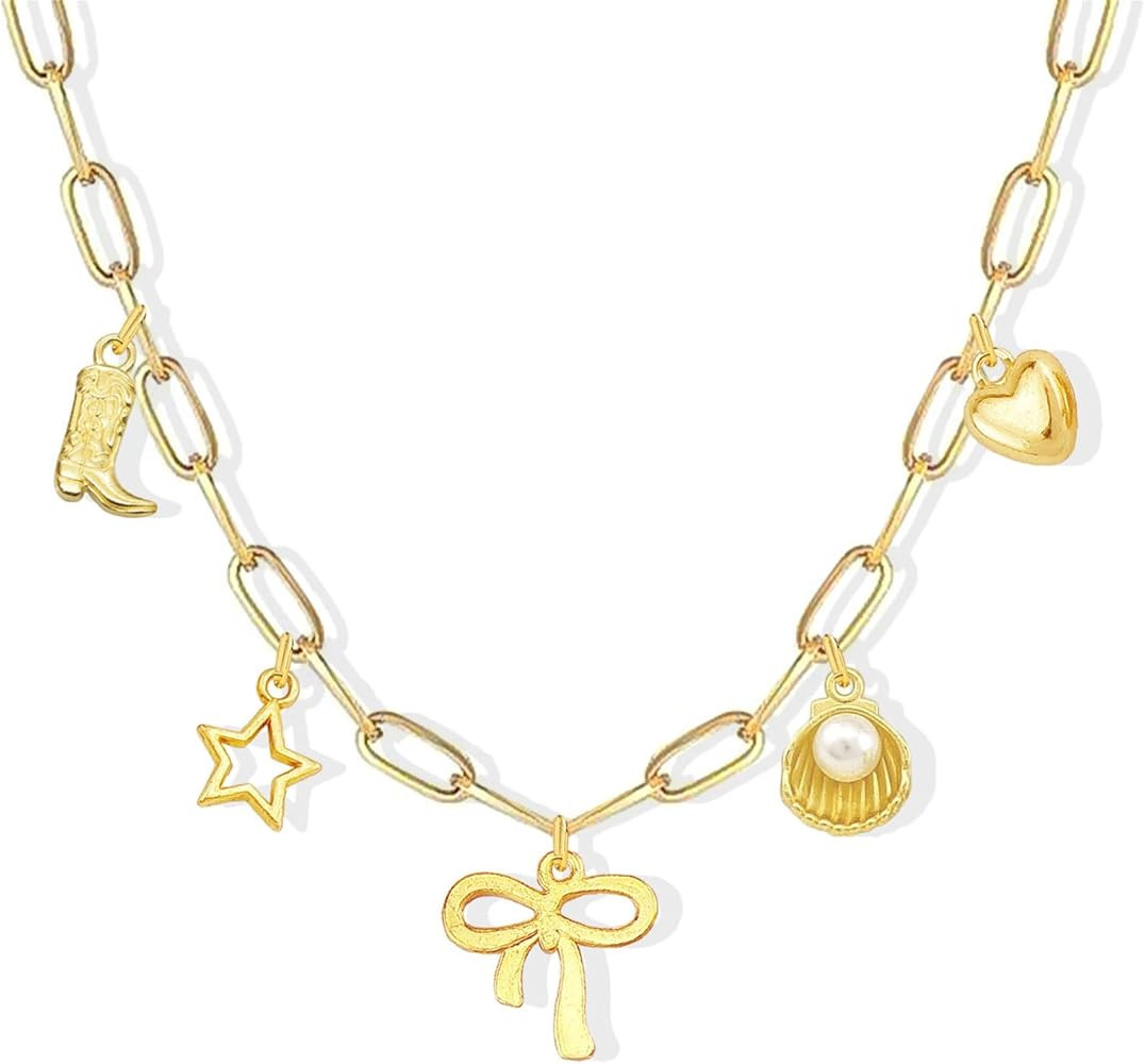 Charm Necklace for Women Dainty Gold Starfish Bow Charms Chunky Heart Cowboy Boot Necklace Coasta... | Amazon (US)