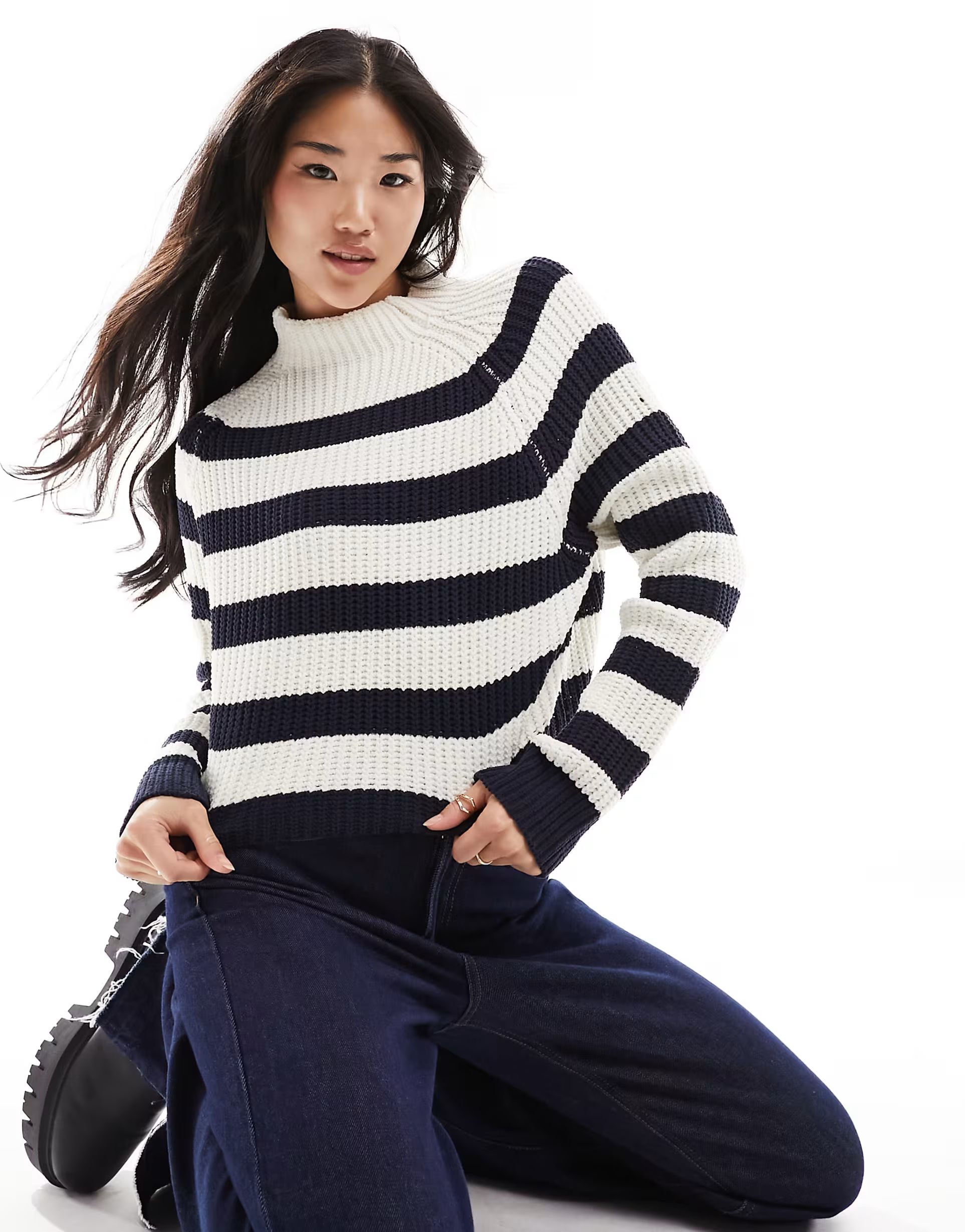 Bershka chunky high neck jumper in black and white stripe | ASOS (Global)