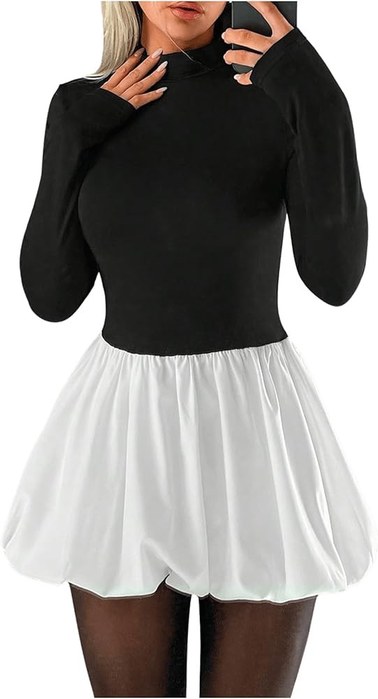 MakeMeChic Women's Y2K Bubble Dress Mock Neck Long Sleeve Ruffle Mini Dress A Line Short Party Dress | Amazon (US)