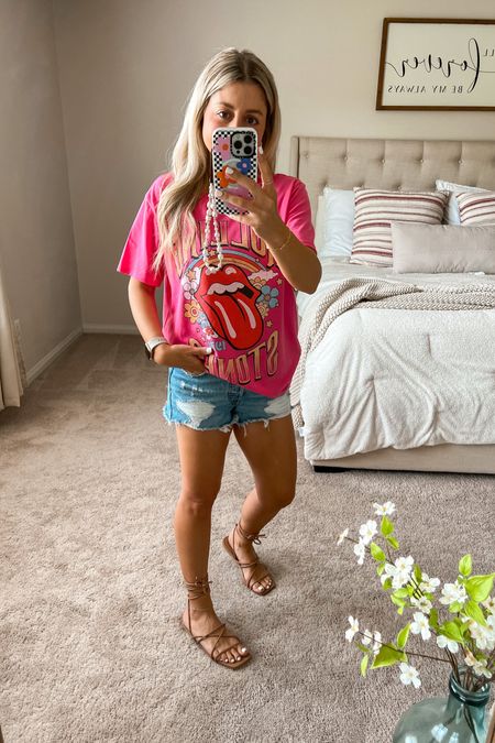 Graphic band tee size s
Levi denim shorts tts
Wrap up sandals comfy and true to size 
Spring Outfit 
Outfit idea


#LTKFind #LTKshoecrush #LTKunder100