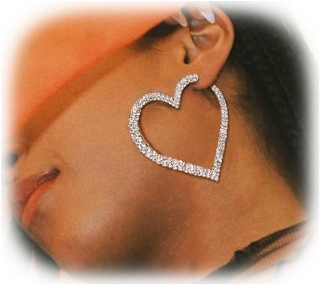 Luxury Crystal Large Hoop Dangle Earrings - Rhinestone Heart Statement Drop Earrings for Bridal W... | Amazon (US)