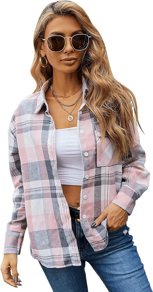 SweatyRocks Women's Long Sleeve Collar Long Button Down Plaid Shirt Blouse Tops | Amazon (US)