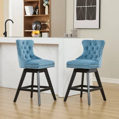 Set Of 2 Light Blue Swivel Velvet Bar Stools With Button Tufting, Chrome Nailhead Trim & Solid Rubber Wood Legs, Leisure Upholstered Bar Height Chairs | Wayfair North America