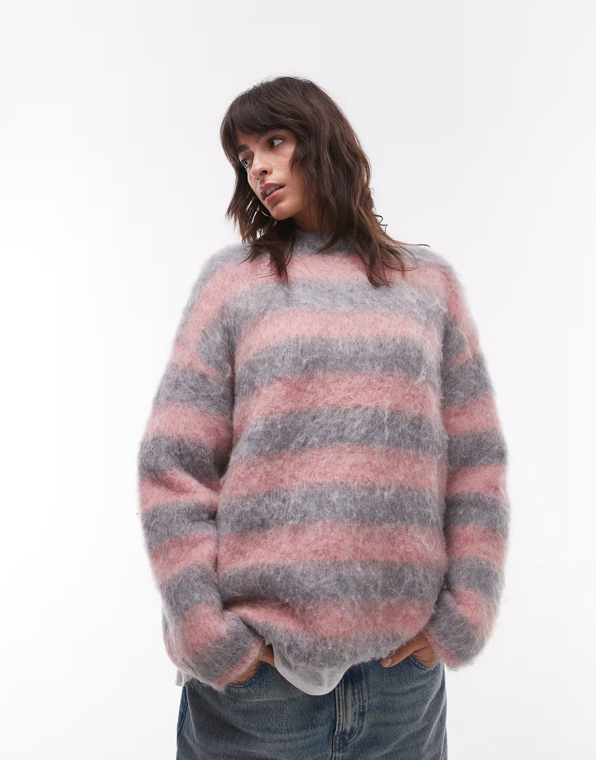 Topshop – Ultra-flauschiger Strickpullover in Rosa und Grau mit Streifen | ASOS (Global)