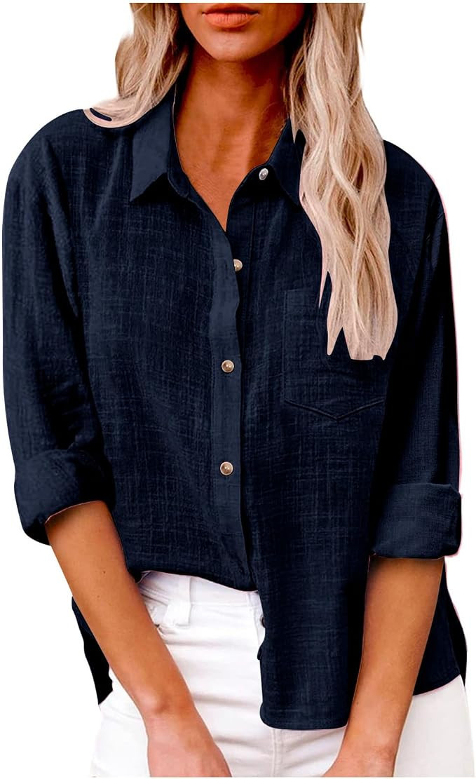 Womens Cotton Linen Button Down Shirt Spring Casual Long Sleeve Shirts Loose Work Tops | Amazon (CA)